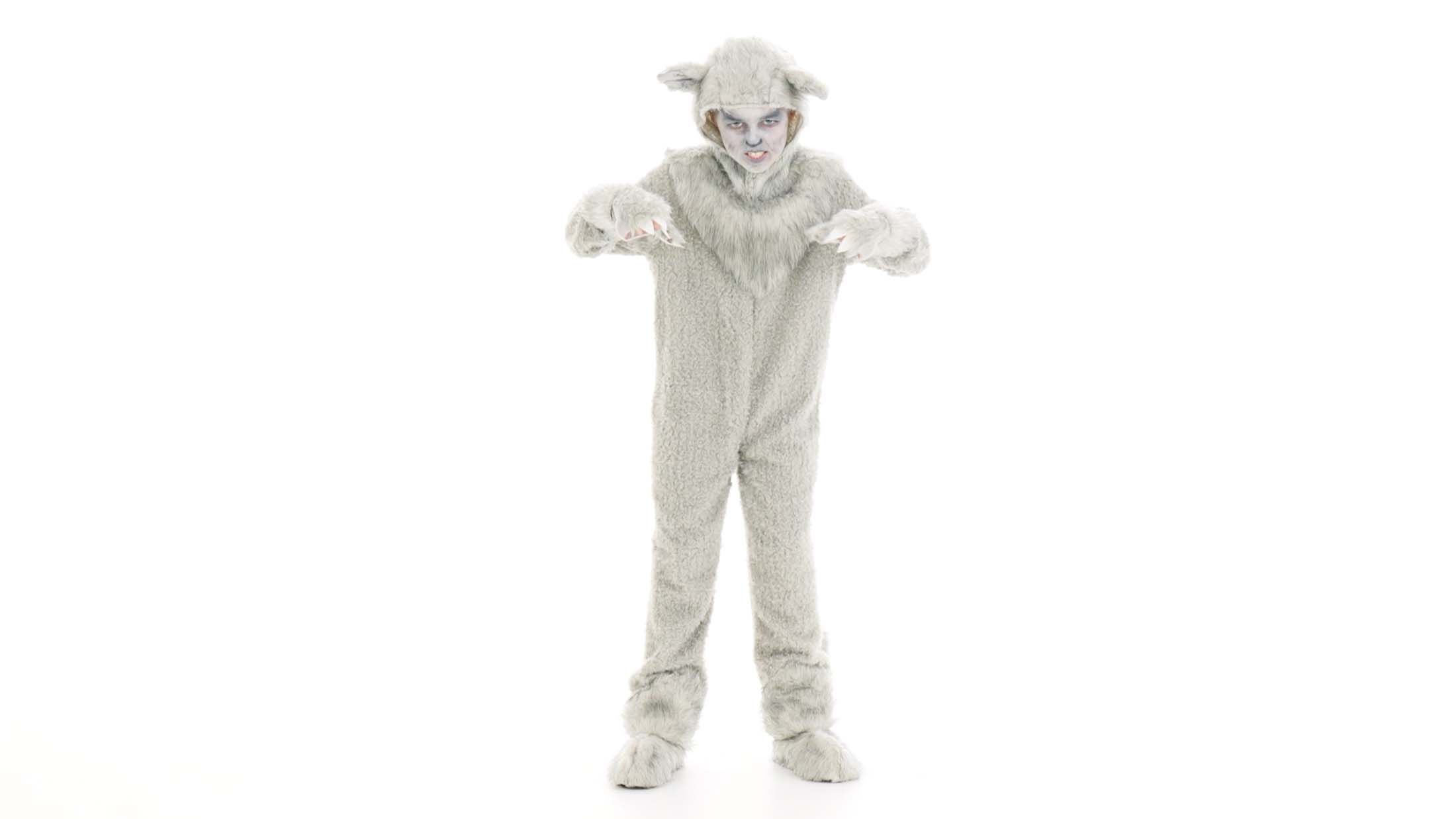 Perfect for Halloween or school plays, this kids wolf costume is a complete package and great value.  The jumpsuit also includes headpiece, foot covers and attached mitts. You will be howling at the moon in no time at all.