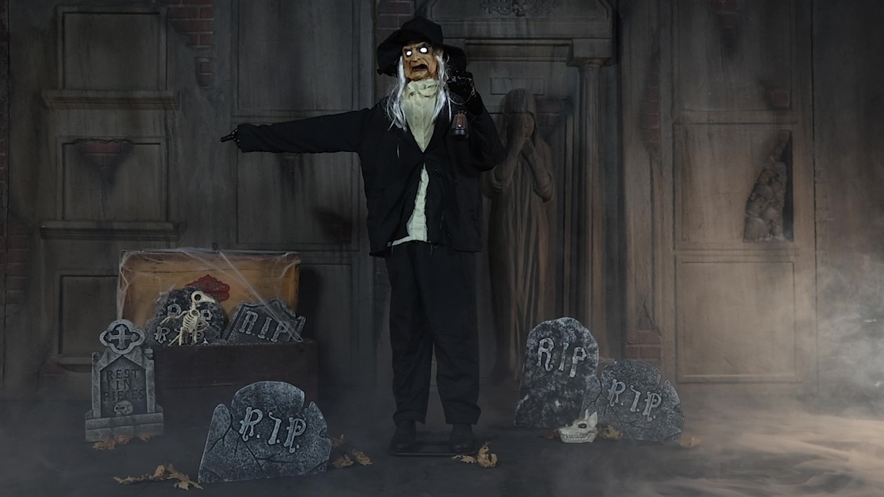 Standing at a chilling 7 feet tall, the Ghastly Gravedigger Animatronic brings eerie realism to your Halloween haunt. With glowing eyes, spooky sayings, and slow, unsettling movements, he’s ready to welcome guests to their final resting place.