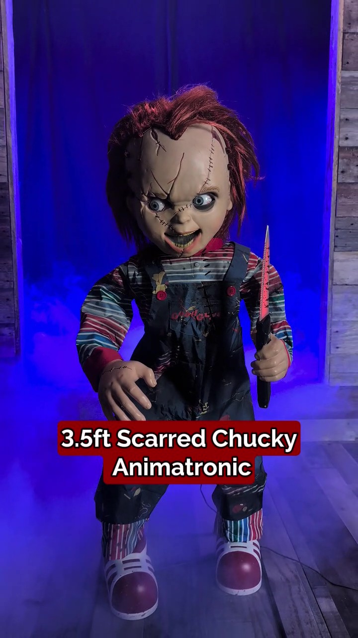 Add terrifying fun to your haunt with the 3.5FT Animated LED Scarred Chucky Decoration. Lifelike motion, glowing LEDs, and gruesome design make it a standout Halloween prop.