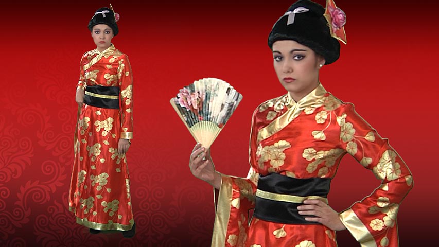 Become a beautiful japanese Geisha girl with this red kimono with gold flower pattern.  The costume also includes the headpiece and obi sash. You'll be impressing all the samurai this Halloween with this lovely costume.