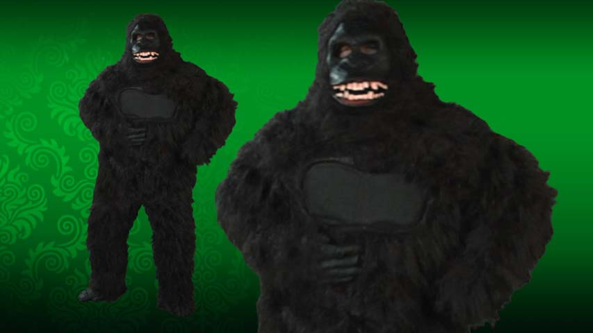 Adult Goin Ape Gorilla Costume is a compelte suit with hands, feet and a ani-motion Gorilla mask.  The moveable mouth moves with your own mouth to create the realistic gorilla facial expressions.