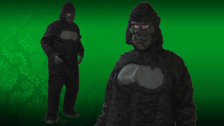 This gorilla costume is a year-round funny addition to your wardrobe.  Whether for Halloween, Pep Rally, or viral video- this gorilla mascot is sure to be entertaining. The costume comes complete with suit, hands, feet, and mask.