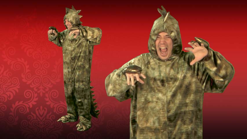 This T-Rex dinosaur costume is a funny adult costume that is sure to be a hit on Halloween.  The costume is a full jumpsuit with an attached tail with spikes.