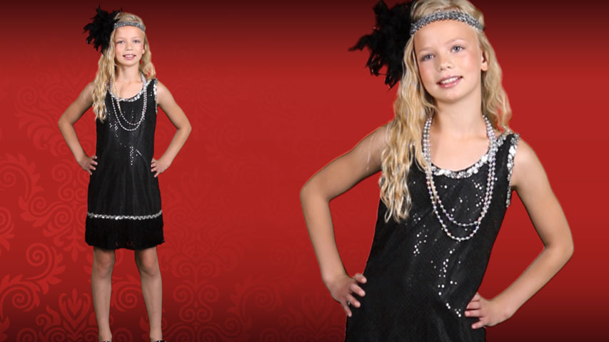 This child black Sequin and fringe flapper is a cute costume for kids. If they don't know the charleston, get them started, because they're going to be cutting up a rug!