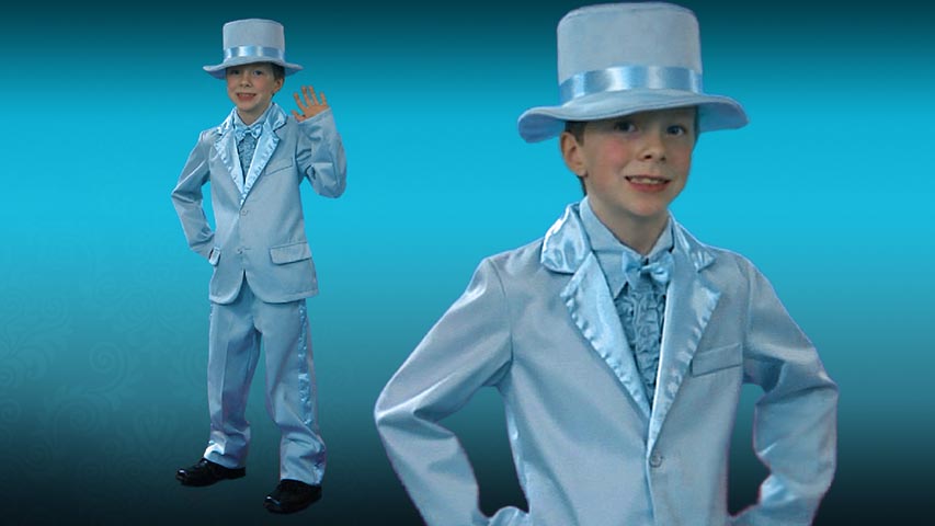 Pair the blue with the orange tuxedo for the perfect comedic duo for Halloween.  The outfit comes complete with pants, jacket, hat, and shirt front with bowtie.