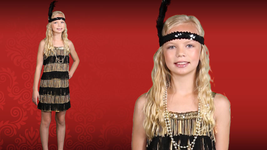 Let your girl be a classic dam in this gold and black fringe flapper for children costume. She'll be a throwback to the roaring twenties!