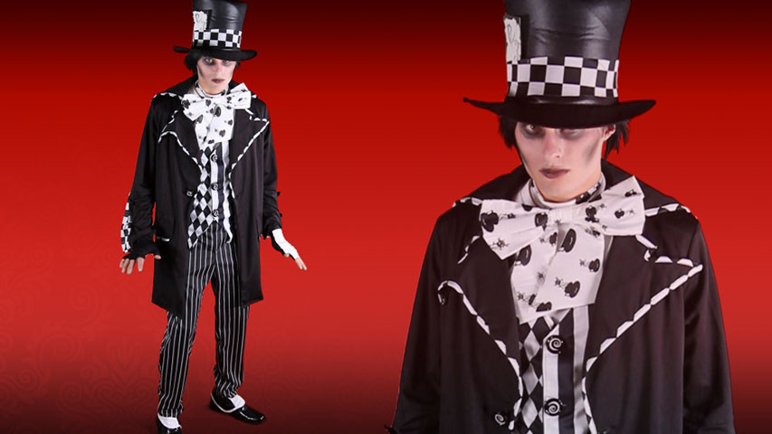 This Dark Mad Hatter costume is a fun take on the classic storybook character.  It includes coat, vest, gloves, spats, and the Mad Hatter Hat.  The costume pairs well with any Alice in Wonderland outfit for great group and couple costume ideas.
