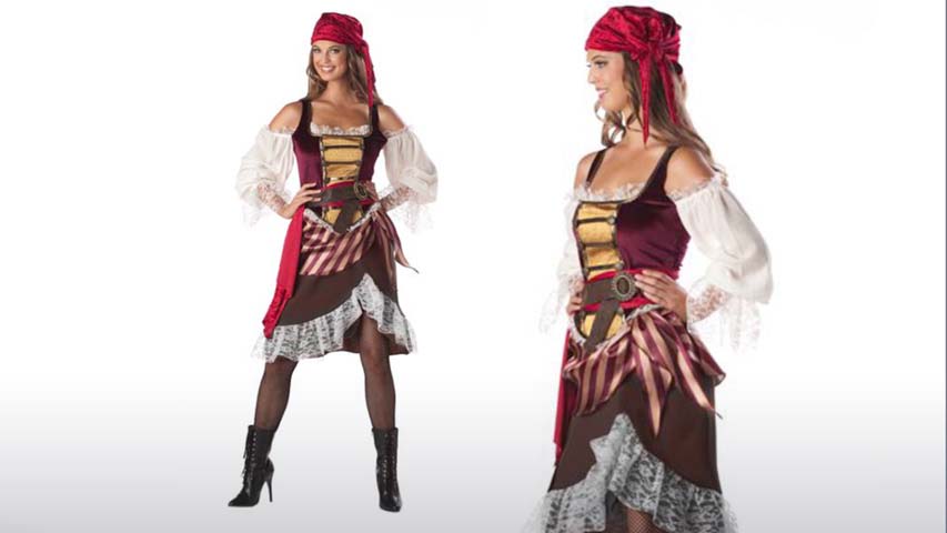 Deckhand Darlin Pirate costume comes with belt, dress, waist sash and head scarf.  It is a great pirate costume for Halloween and goes great with the Captain Skullduggery costume.