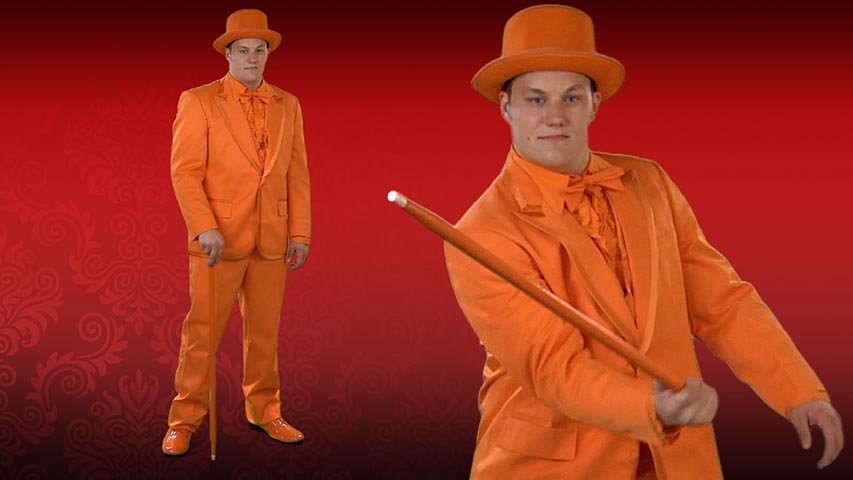 You will make a bold color statement in this deluxe orange tuxedo! Have your best buddy wear a powder blue tux and be Harry to your Lloyd.