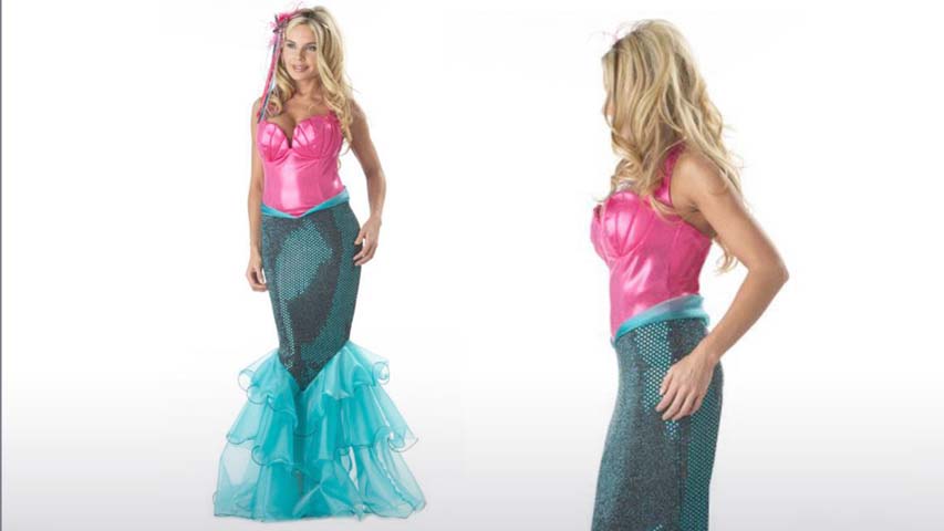 This high quality Elite Mermaid Costume comes with the fitted gown with corset style top and headpiece.  This mermaid costume goes great with pirate costumes.
