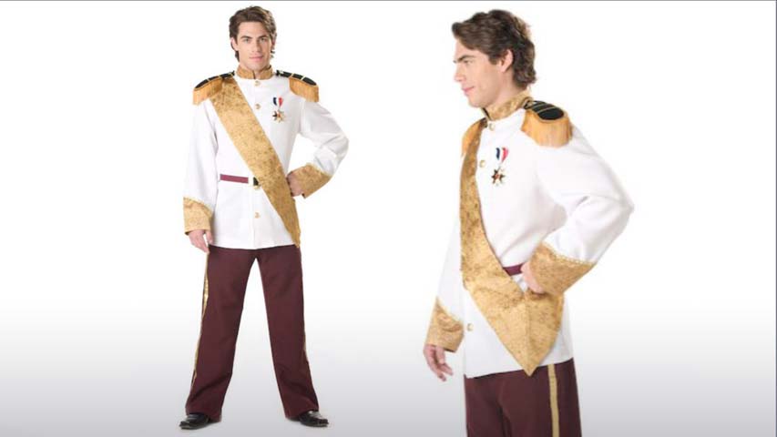 This Elite Prince Charming costume is a high quality mens costumes that goes well with a Cinderella or Sleeping Beauty costume.  This costume comes with pants, military jacket, sash, belt and medal.