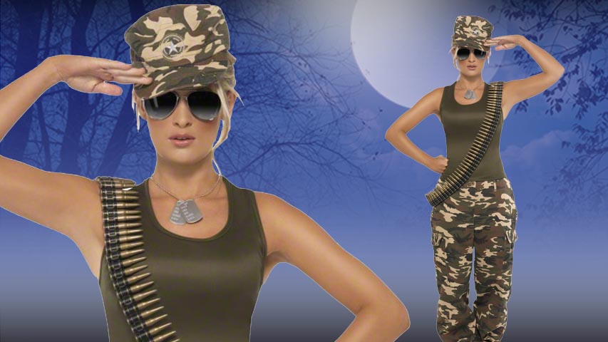 This green army camouflage women's costume is a fun and patriotic idea for Halloween.  It also makes for a great group costume.