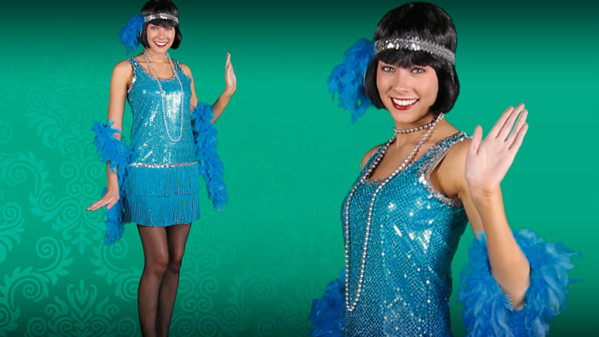 Be a fringe flapper this year. In vibrant turquoise, you'll be the star of the show! Dance the Charleston and have a roaring good time with this costume!