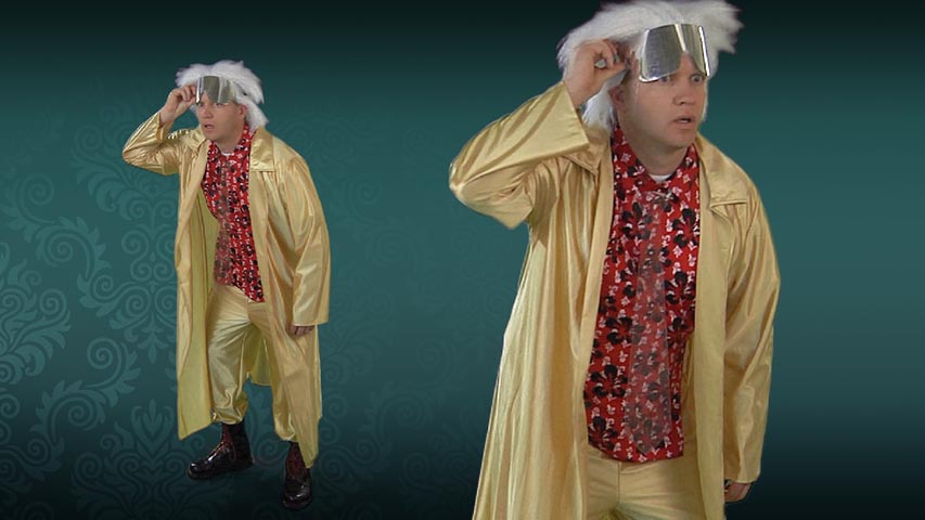 Help Marty McFly in the Back to the Future II in this licensed future Doc Brown costume. It includes the wig, glasses and more!