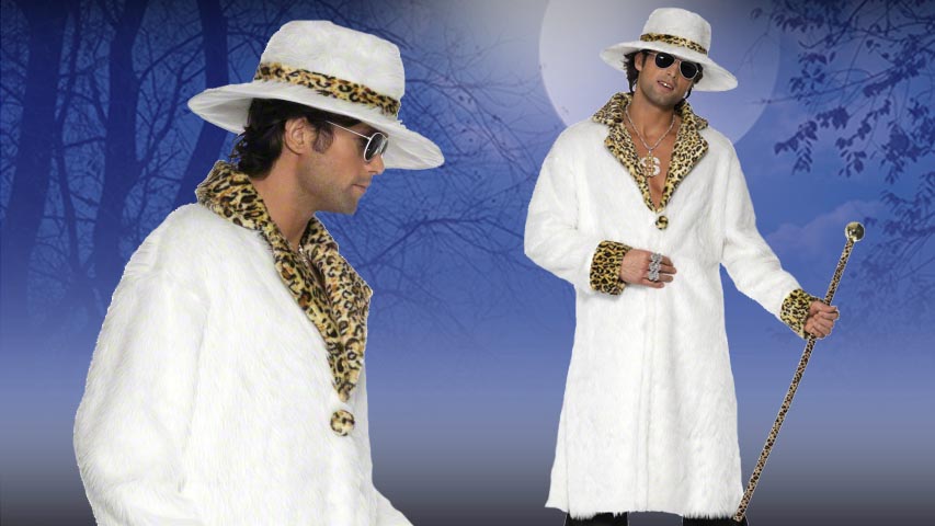 Stroll down the block in style this Halloween is a Hustla Pimp Costume.  The White faux fur coat comes with a matching pimp hat with leopard print lining. It ain't easy being a pimp, but you'll look great while doing it.