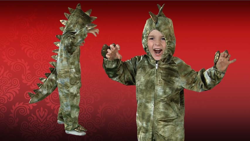 This kids Dinosaur costume makes a great T-Rex or dragon costume for Halloween. The jumpsuit has an attached tail and headpiece and is covered in a unique scale pattern.