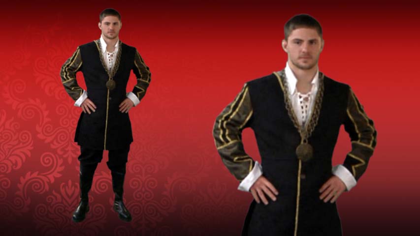 This King Henry VIII costume is great for Halloween or your yearly Renaissance Faire.  A stylish jacket and chain that works as a costume for The Tudors television show.