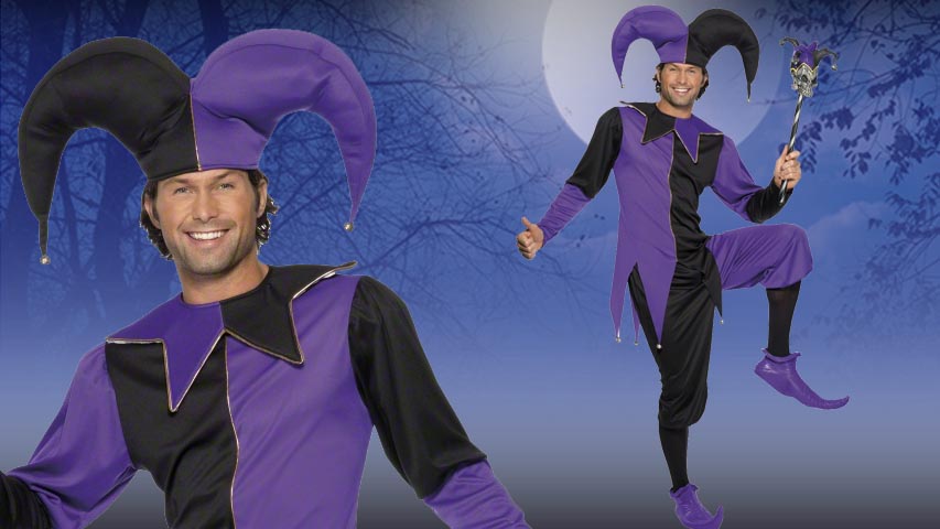 Mode Black Purple Medieval Jester Joker Hat Mens Adults Fancy Dress ...