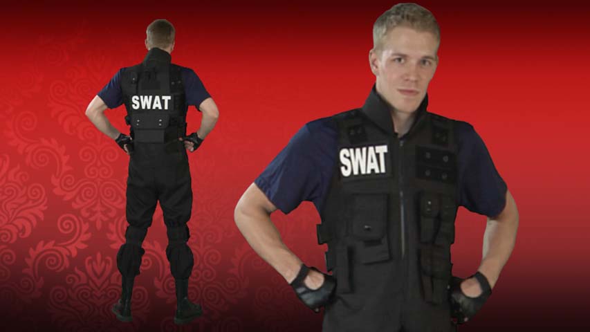This mens SWAT team costume comes with a full utility vest, shirt, gloves and knew pads. You're either SWAT or your not.