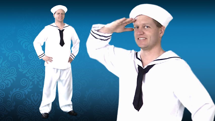 Patrol the seas in this mens white sailor costume.  The outfit comes with pants, shirt with attached necktie and sailor hat.  A classic navy costume that is perfect for Halloween.