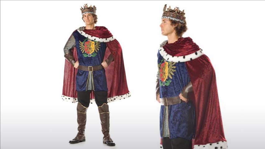 Feel noble in this deluxe King costume that is great for renaissance faires.  This king costume comes with tunic, cape, belt, boot covers, and crown.