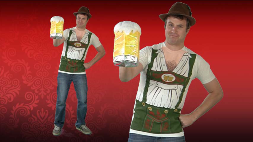 Celebrate Oktoberfest in this costume t-shirt or use it as a easy halloween costume idea.  This lederhosen shirt goes great with an oktoberfest hat and beer mug.