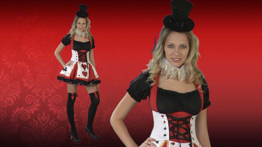This Queen of Hearts is a unique costume for the classic character from Alice in Wonderland.  The costume comes in XS to XL and comes with the dress and neckpiece.