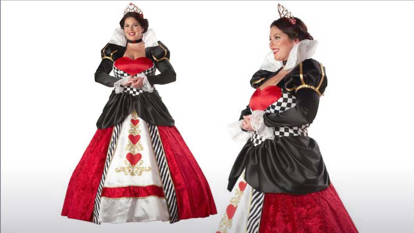 This plus size Queen of Hearts costume is a high quality Alice in Wonderland costume that is great for Halloween or plays.  The outfit comes with the gown, hoop petticoat, choker and tiara.