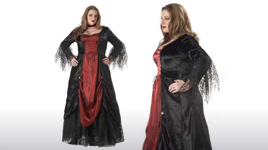 This plus size Vampire costume is a great scary women's costume for Halloween.  Add fangs or a black vampire wig to complete this look for Halloween.