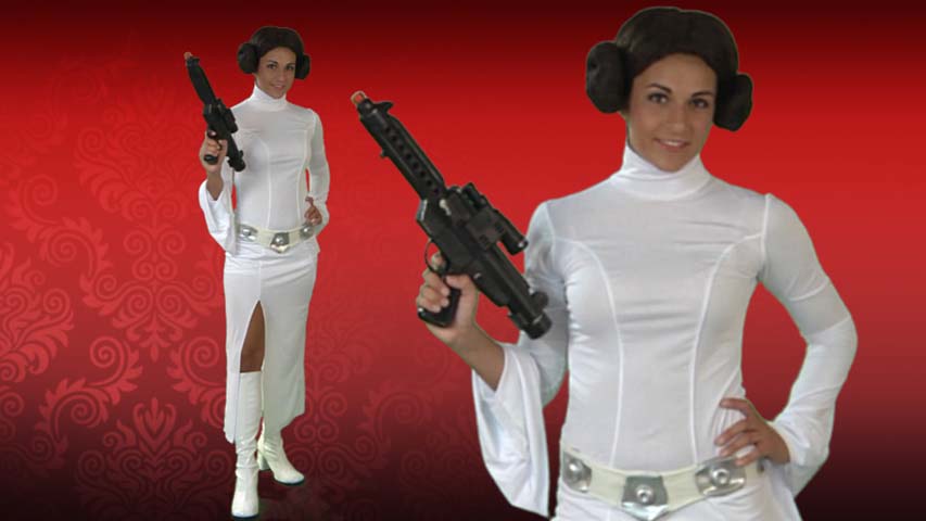 Become Princess Leia for Halloween in her classic white dress costume from Star Wars.  The outfit comes with dress, belt and wig.  A great value for Halloween or year-round fun.