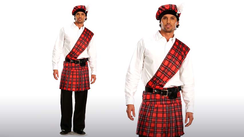 This Scottish Kilt costume is great for Halloween, renaissance faires, or Scottish heritage events.  The costume comes with kilt with sash, hat, and belt with bag.