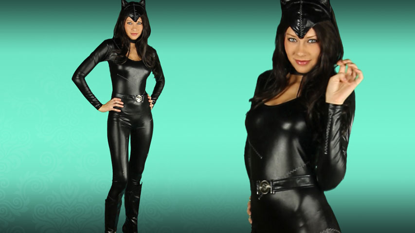 This feline catsuit costume makes a great Catwoman costume for Halloween or cosplaying.  Pair with a Batman costume for a great couples costume.
