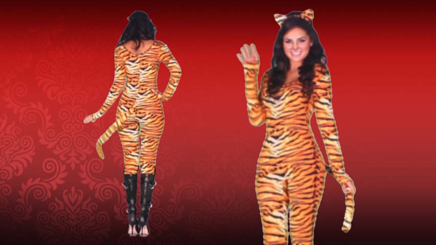 This wild tiger costume is a sexy printed catsuit that is purr-fect for Halloween.  The tail is attached to the costume which also comes with the ear headband.