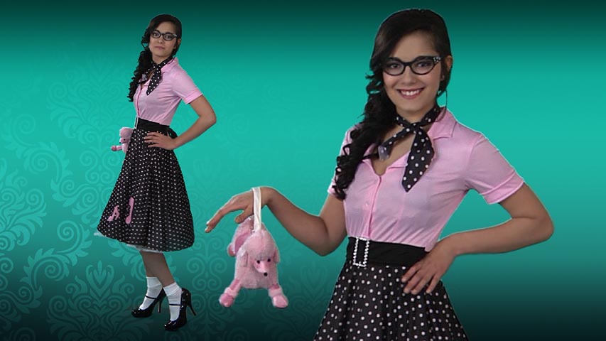 You will be jiving the night away in this sock hop cutie costume.  The dress has pink top and a polka dot poodle skirt with a musical note motif.  The outfit also comes with a matching polka dot neck scarf.