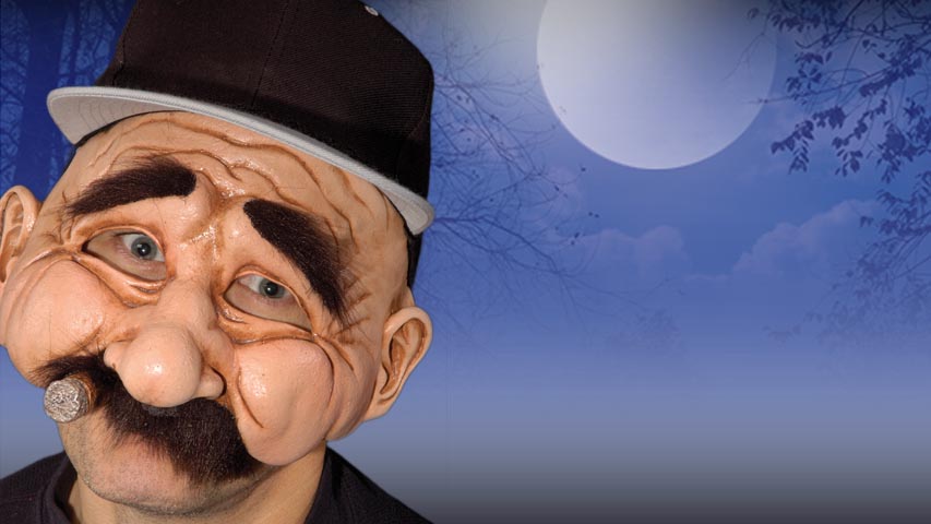 This funny mask has a fake attached stogie and baseball cap along with fake hair mustache and eyebrows. Stogie and baseball cap- at his age? Wow, Stan really is the man.