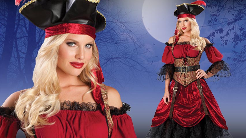 This seductive swashbuckler wears a romantic off the shoulder red dress that will have all the pirates giving up their treasure. Cleverly corseted with buckles and straps her lace and tulle petticoat graze her delicate sea legs. A feathered hat crowns this buccaneer beauty.