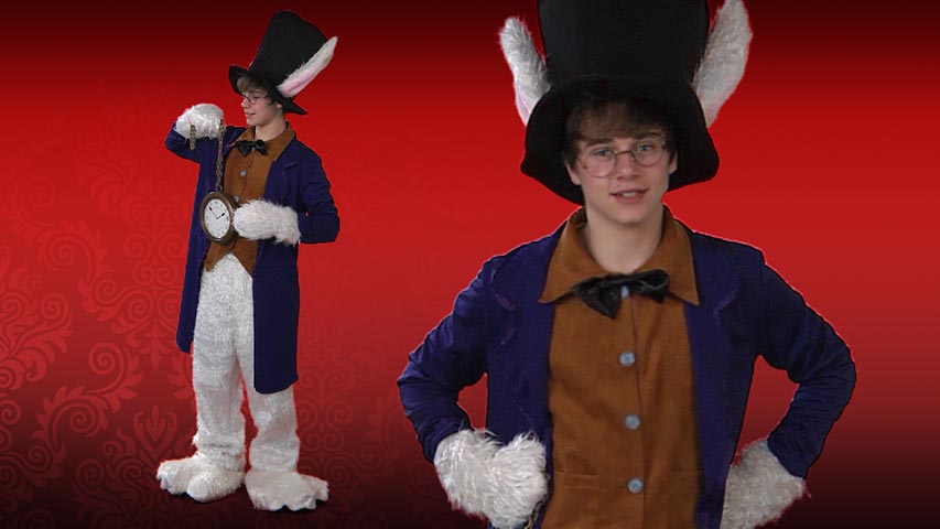 You won't be late in this Alice in Wonderland white rabbit costume for teens.  A complete package, the outfit includes the jacket, vest & bowtie, hat with bunny ears, pants, gloves and rabbit feet. This costume is a great value and well constructed- ideal for school plays.