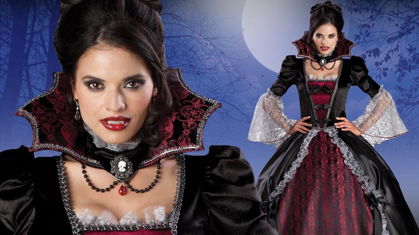 This detailed Versailles Vampiress costume is an elegant gown perfect for Halloween.   Add realistic vampire fangs to complete this victorian vampire look.